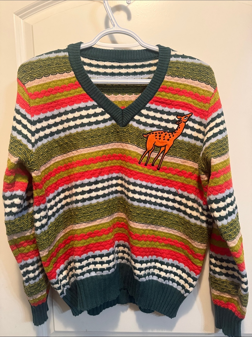 NWOT Women’s V-Neck Striped Sweater in Olive, Red, Cream